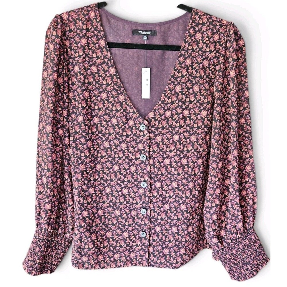 Madewell Georgette Smocked-Cuff Button-Front Top Womens Size 16 Multi Floral - Picture 3 of 11
